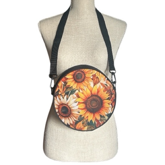 Sunflower Round Canteen Style Crossbody Bag Backpack Black Yellow Orange New - Picture 4 of 12